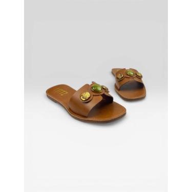 Imagem de Sandália Slide Feminina Com Pedras Decorativas Marrom - LITTZ, Canela,