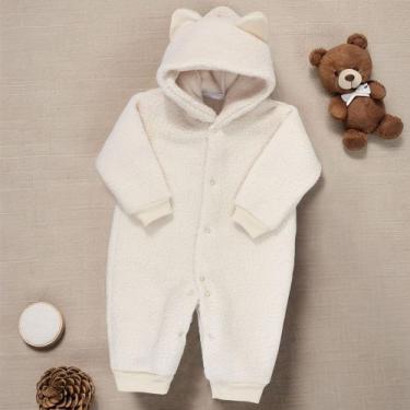 Imagem de Macacão para Bebê de Pelúcia Teddy Com Capuz Creme - Era Uma Vez, 0-3M