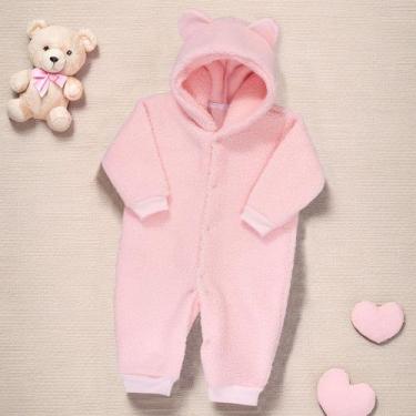 Imagem de Macacão para Bebê de Pelúcia Teddy Com Capuz Tons Variáveis de Rosa - 