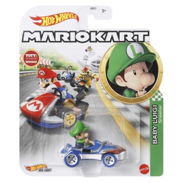 Imagem de Carrinho de Brinquedo Baby Luigi Mario Kart com Design Fiel ao Personagem e Roda Livre para Colecionar Mattel
