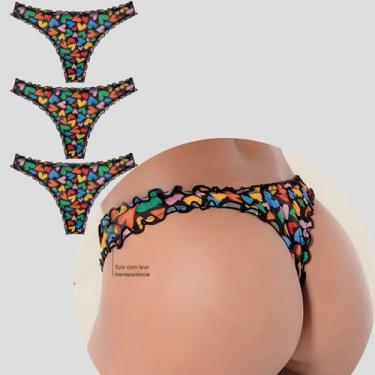 Imagem de Kit 3 Calcinhas Femininas Fio Dental Frufru DeMillus Tule -, Corações,