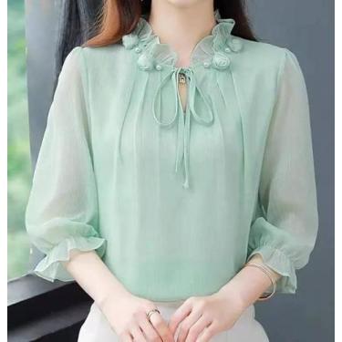 Imagem de F1607-Camisa Feminina Blusa Social Festa Verde Menta Rosa Bordada Flor