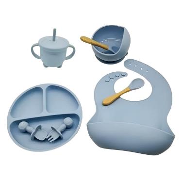 Imagem de Kit Prato Infantil Silicone com Copo Talher Babador e Tigela Azul para Alimentação do Bebê GXM