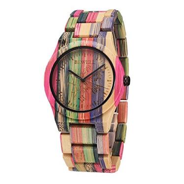 Imagem de Relógio de pulso Bewell feito à mão colorido de madeira de bambu analógico de quartzo com cores mistas, Esporte, Rose red