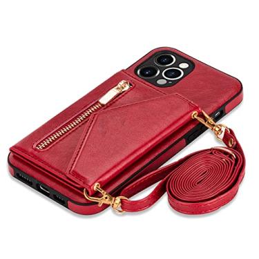 Imagem de Crossbody com zíper para iPhone 13 12 Mini 11 X XR XS Pro Max 7 8 Plus Case com Porta Cartão Carteira Cordão Capa de Couro, Vermelho, Para iPhone 12 Pro