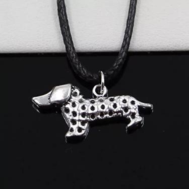 Imagem de EDCRFV Colar pingente de prata tibetano cão Dachshund cordão de couro preto feito à mão