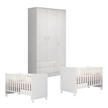 Imagem de Kit Berço Gemeos 1344 Com Rodízios e Guarda Roupa 2617 Linha Doce Sonho Qmovi