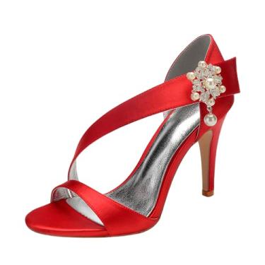 Imagem de Sandálias femininas de salto pérola com faixa oblíqua de cetim prata casamento vestido de noiva vestido de festa noite sapatos 10,5 cm sapatos de alça no tornozelo trabalho, Vermelho, 10