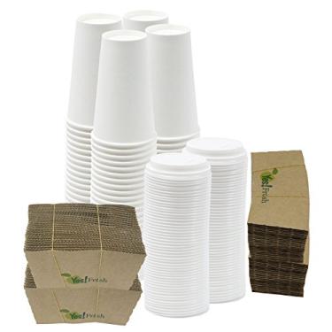 Imagem de Yes!Fresh Xícaras de café quente de papel descartáveis com tampas para festas de escritório, viagens em casa, copos de manga ondulada (branco 473 ml, 100 unidades)