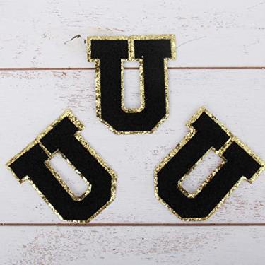 Imagem de Pacote com 3 adesivos universitários de chenille para passar a ferro - tecido de chenille preto com acabamento dourado - Costurar ou passar a ferro - 8 cm de altura