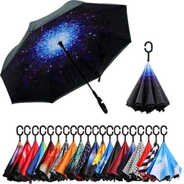 Imagem de Guarda-chuva invertido de camada dupla NC Saa com alça em forma de C, guarda-chuva reto à prova de vento à prova d'água anti-UV para uso externo chuva de carro (céu estrelado/preto)