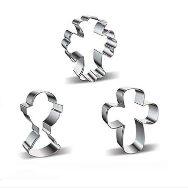 Imagem de Aeyistry 3 peças de formas diferentes de aço inoxidável cortador de biscoito cruzado, conjunto de cortadores de moldes de biscoito de páscoa (prata)