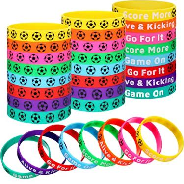 Imagem de 48 pulseiras de silicone motivacionais para futebol, pulseiras de borracha multicoloridas para crianças, pulseiras elásticas de silicone, lembrancinhas de festa de futebol para eventos esportivos, festa de aniversário