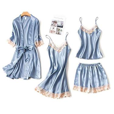 Imagem de JLXZHOME Conjunto de vestido de robe de casamento de cetim feminino casual camisola sexy roupa de dormir dama de honra noiva 4 peças quimono vestido de banho roupas de casa, azul 4