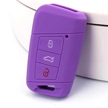Imagem de YJADHU Capa de chave de carro masculina feminina silicone capa de chave automática suporte de pele, apto para VW Tiguan MK2 Passat B8 B7 CC Skoda Superb A7, roxo