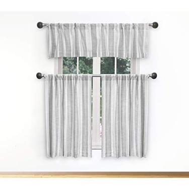 Imagem de Home Maison – Conjunto de cortina e sanefa de linho sintético listrado Rhett | Cortina de janela pequena para café, banheiro, lavanderia, quarto – (cinza e branco)