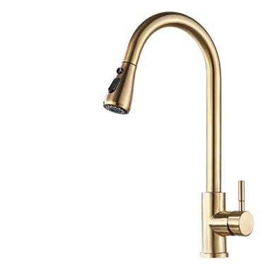 Imagem de Torneira de cozinha preta fosca torneira misturadora de puxar para fora do convés torneira da pia do banheiro misturadores de água quente fria cabeça de pulverização, ouro escovado B