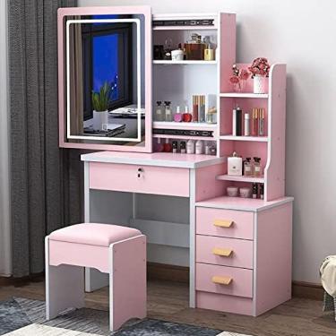 Imagem de YILIYIO Conjunto de Toucador Grande com Espelho Deslizante Iluminado, Penteadeira de Maquiagem com 4 Gavetas e Prateleiras Ocultas, Banco Acolchoado, Estilo Contemporâneo, Material MDF, Cor Rosa
