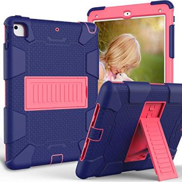 Imagem de QYiD Capa de tablet para iPad Air 2/iPad 6 com três camadas de proteção de corpo inteiro pesada com suporte integrado para Apple iPad Air 2 (2014) 9,7 polegadas / A1566 / A1567 (azul marinho + rosa