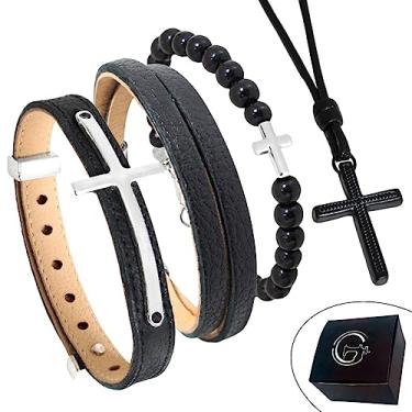 Imagem de GRANADO ACESSÓRIOS, Pulseira de Couro Kit 04 Cruz Preto com Fecho Strap Plug Ajustável com Colar Cruz - AM