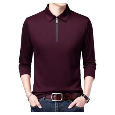 Imagem de Camisa polo masculina cor sólida gola aberta pulôver meia frente zíper manga longa camisa clássica, Vinho tinto, 4G