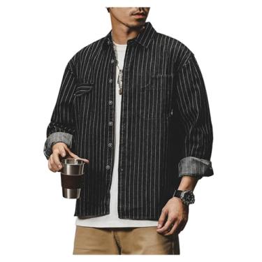 Imagem de Camisa jeans masculina de manga comprida com estampa listrada e colarinho aberto, ajuste solto, cor combinando, Preto, 3G