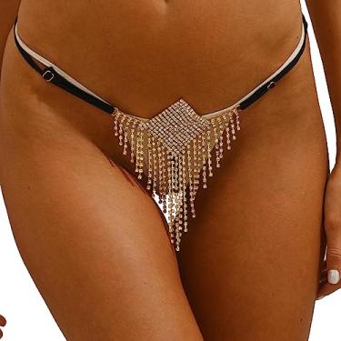 Imagem de Calcinha de strass quadrada com borla na cintura, tanga, verão, praia, cristal, tanga ajustável, corrente de fio dental, joia corporal, para mulheres