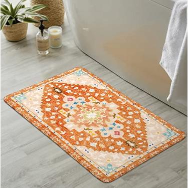 Imagem de Uphome Boho Tribal Laranja Bonito Floral Antiderrapante Lavável na Máquina Tapetes de Banho Oriental Macio para Pia Chuveiro Capacho Banheira, 51 x 78 cm