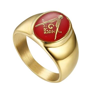 Imagem de IFUAQZ Anel maçônico masculino banhado a ouro de aço inoxidável azul G Lodge Master Mason Signet Biker Band, Metal, Sem pedra preciosa