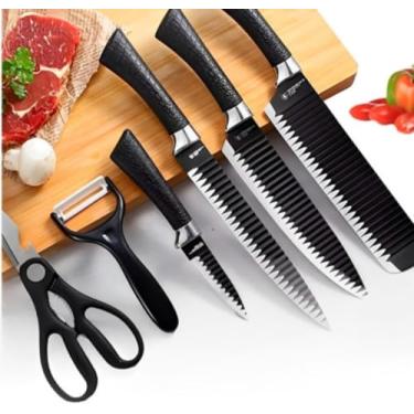 Imagem de Conjunto Jogo Facas Profissional Do Chef 6 Peças Churrasco Cozinha Peças Aço Inox Super Afiadas Cor Preto Premium