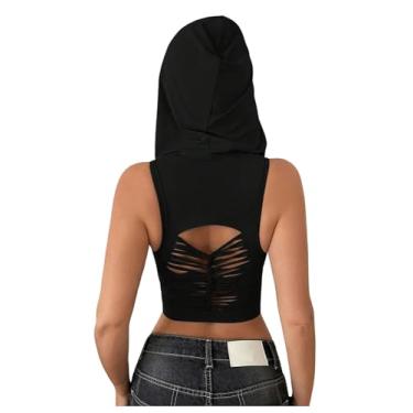 Imagem de WDIRARA Camiseta feminina recortada frente única slim fit cropped com capuz sem mangas camisetas de verão, Preto, G