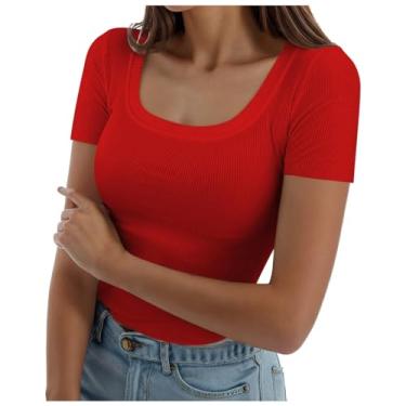 Imagem de Blusa feminina casual básica, gola redonda, tecido de malha roscada, caimento justo, sexy, curta, blusa de cor sólida, Vermelho, XXG