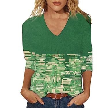 Imagem de Camiseta casual de manga 3/4 para mulheres, outono, verão, moderno, retrô, estampa de flores silvestres, pulôver, blusas, confortáveis e soltas, Z3 - verde, 5G