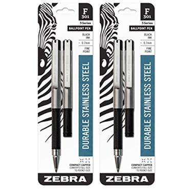 Imagem de 4 canetas esferográficas compactas Zebra F-301 (2 pacotes de 2), pretas