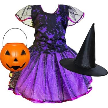 Imagem de Fantasia Infantil Bruxa Bruxinha Criança Halloween Balé Vestido Roupa Menina Brilho (Roxo Brilho, P (veste 3 a 4 anos))