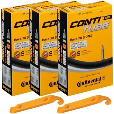 Imagem de Tubos internos de bicicleta Continental Race 700x20-25c V lvula Presta de 42 mm de comprimento (pacote com 3 com 2 alavancas de pneu Conti)