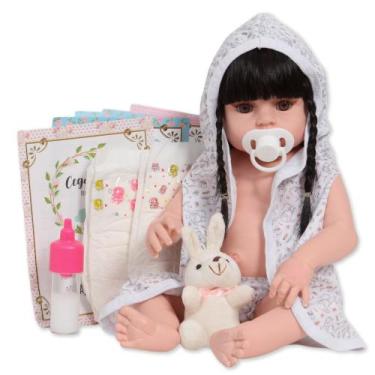 Imagem de Boneca Reborn Realista Morena Roupão Coelho Com Pelúcia - Cegonha Rebo