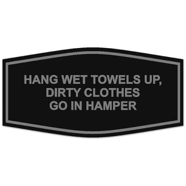 Imagem de Signs ByLITA Fancy Hang Wet Towels Up, Dirty Clothes Go In Hamper Sign - Letras gravadas a laser | Plástico ABS durável | Cores vibrantes | Fita de espuma poderosa (preto/prata) - Pequena