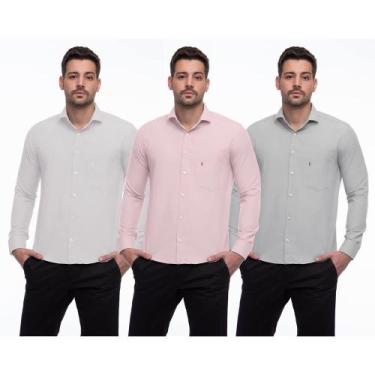 Imagem de Camisa Social Masculina Manga Longa Botões Lisa Kit 3 Branco/Rosa M - 