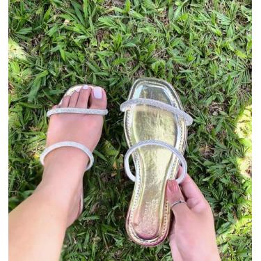 Imagem de Rasterinha tiras de glitter stress feminina rasteira sola quadrada cal