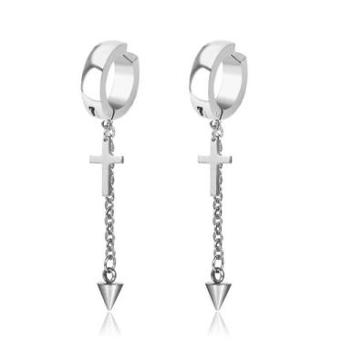 Imagem de Par de brinco masculino Pressão aço inox cruz com correntinha não escu