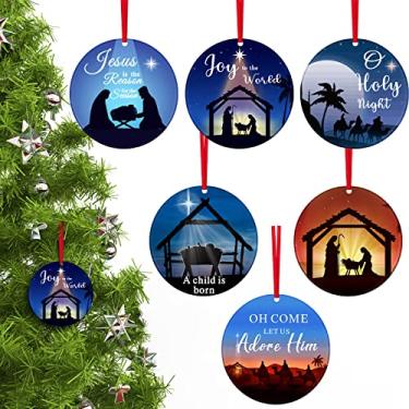 Imagem de 6 peças ornamentos de presépio cristão Jesus acrílico árvore de natal ornamentos pendurados decoração religiosa presente de lembrança cristã para jardim doméstico férias decoração de parede 3 polegadas (estilo redondo)