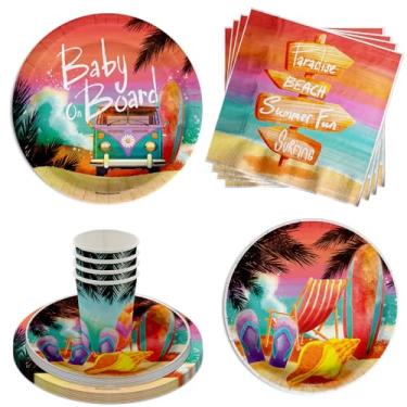 Imagem de Conjunto de utensílios de mesa de 64 peças para chá de bebê a bordo, inclui pratos de papel grandes de 23 cm, pratos de sobremesa, copos e guardanapos, kit para 16