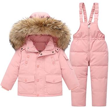 Imagem de Roupa de neve infantil de 2 peças para bebês meninos meninas jaqueta de inverno jaqueta de esqui e calça babador de neve, rosa 4-6 anos