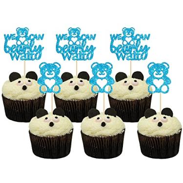 Imagem de Gyufise 24 peças We Can Bearly Wait Toppers Cupcake Urso Azul Glitter Palhetas de Cupcake Chá de Bebê Decorações de Bolo para Revelação de Gênero Tema Chá de Bebê Crianças Suprimentos de Festa de Aniversário