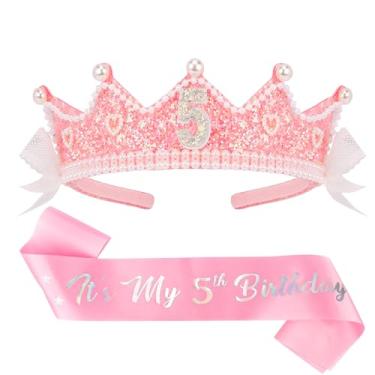 Imagem de CUBACO Tiara com coroa de aniversário, coroa e faixa de aniversário para meninas, coroa rosa de princesa de 5 anos, decoração de aniversário, adequada para decorações de festa