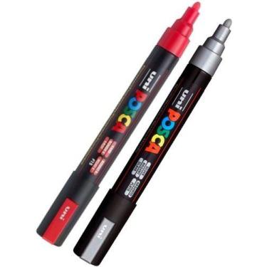 Imagem de Kit 2 Canetas Posca PC-5M Vermelho FLOURESCENTE e Prata Uni