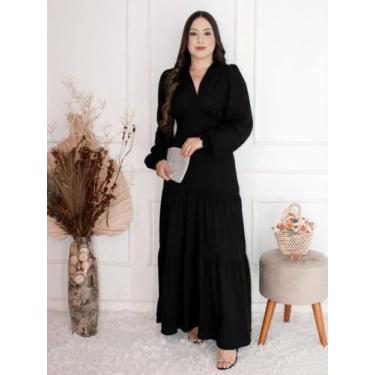 Imagem de Vestido Longo Manga Longa Decote V Viscolinho Moda Feminina - Fashion,