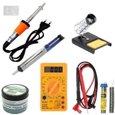 Imagem de Kit Ferro De Solda Multímetro Sugador Suporte Pasta Tubete 30W 110V - 