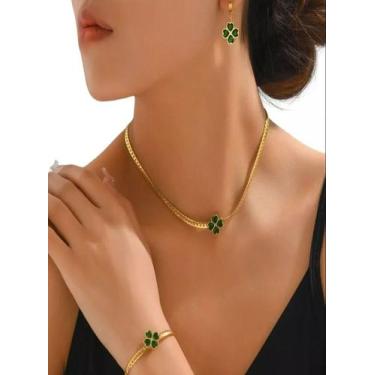 Imagem de Kit Cordão + Pulseira + par de Brincos Trevo Banhado a Ouro - ToJoia18